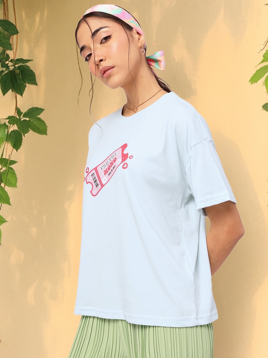 

DressBerry Vibe Check Conversational Print Oversized T-shirt, Blue