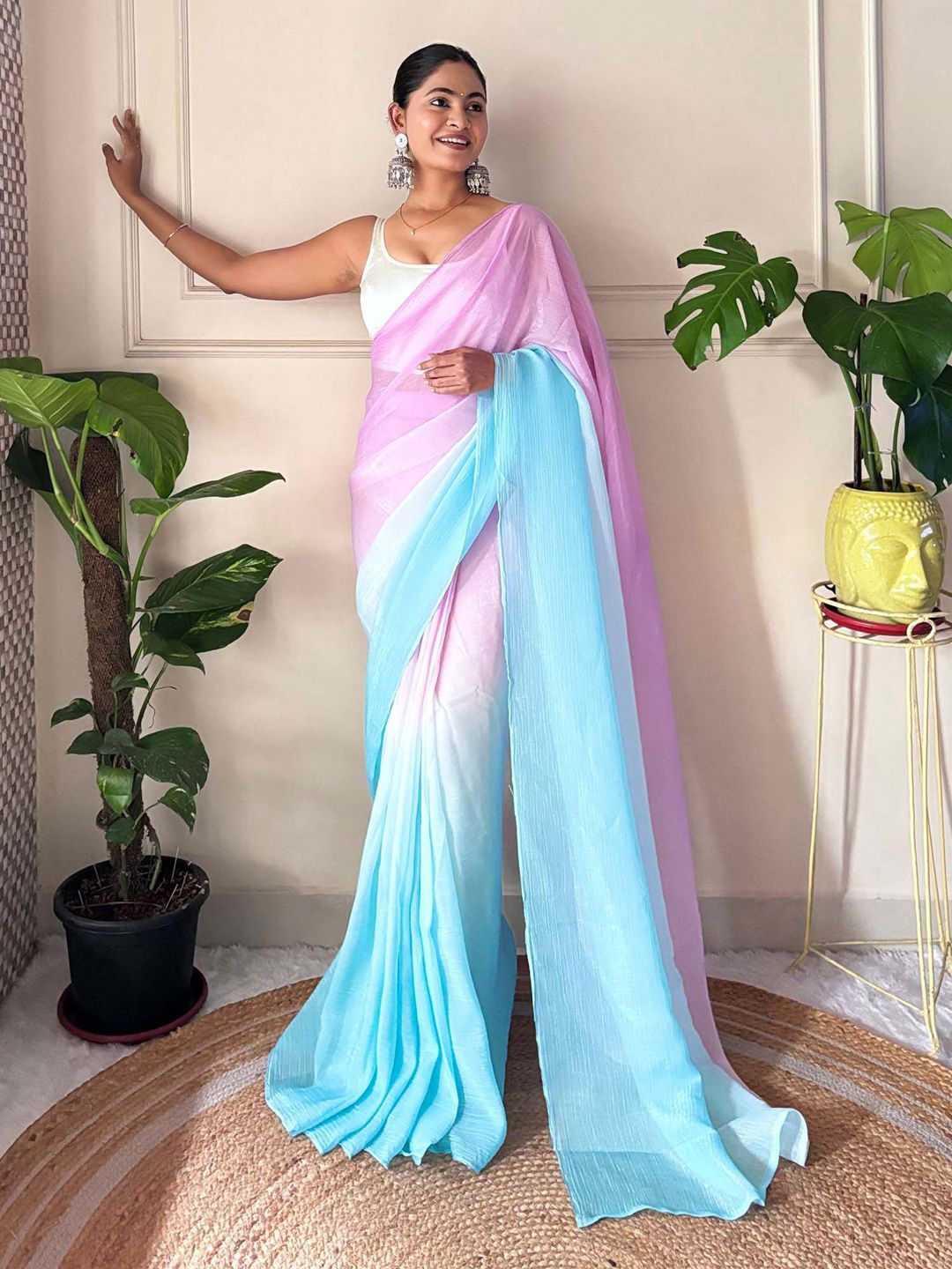 

Saree mall Ombre Pure Chiffon Ready to Wear Sarees, Pink