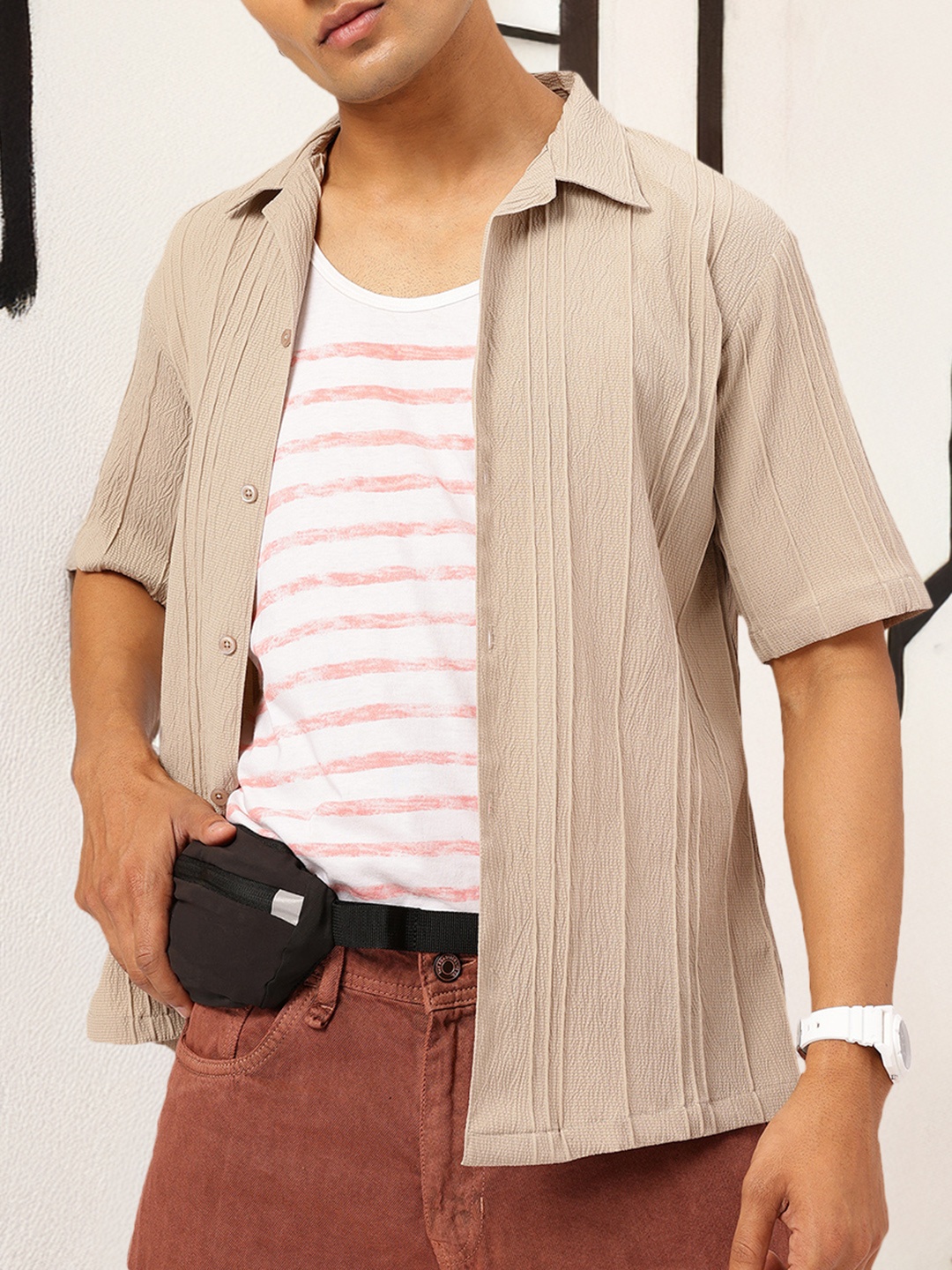 

Kook N Keech Textured Play Self-Striped Relaxed Shirt, Beige