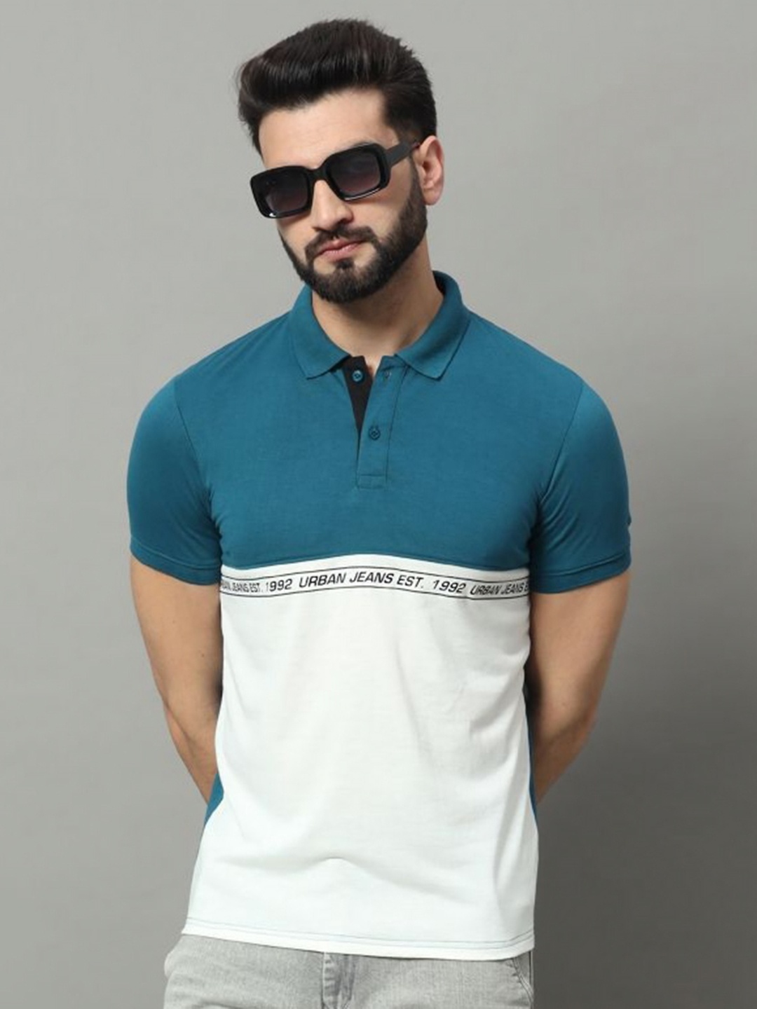 

OGEN Men Colourblocked Polo Collar Pockets T-shirt, Teal