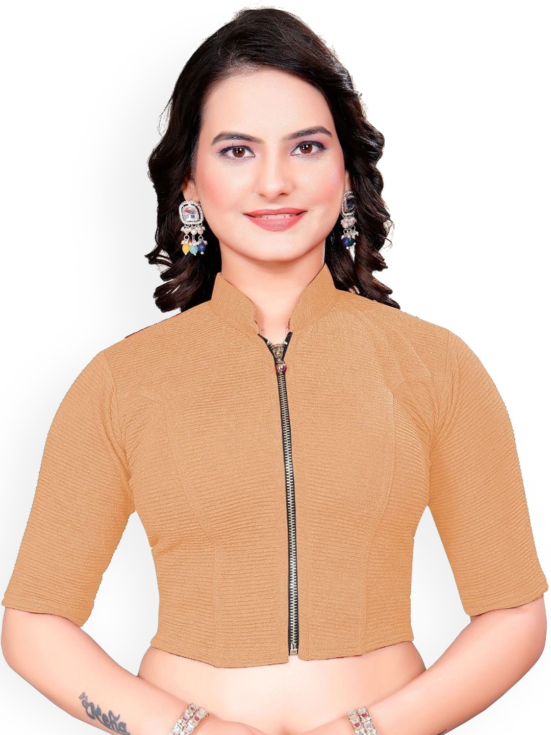 

SS Sanket Synthetics Mandarin Collar Front Full Zip Blouse, Beige