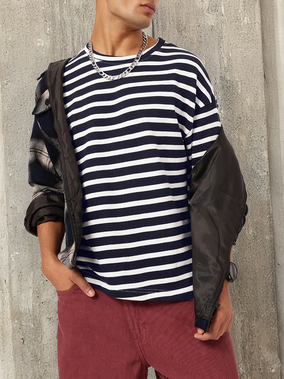 

Kook N Keech Minimalist Chic Striped Nautical Oversized T-shirt, Navy blue