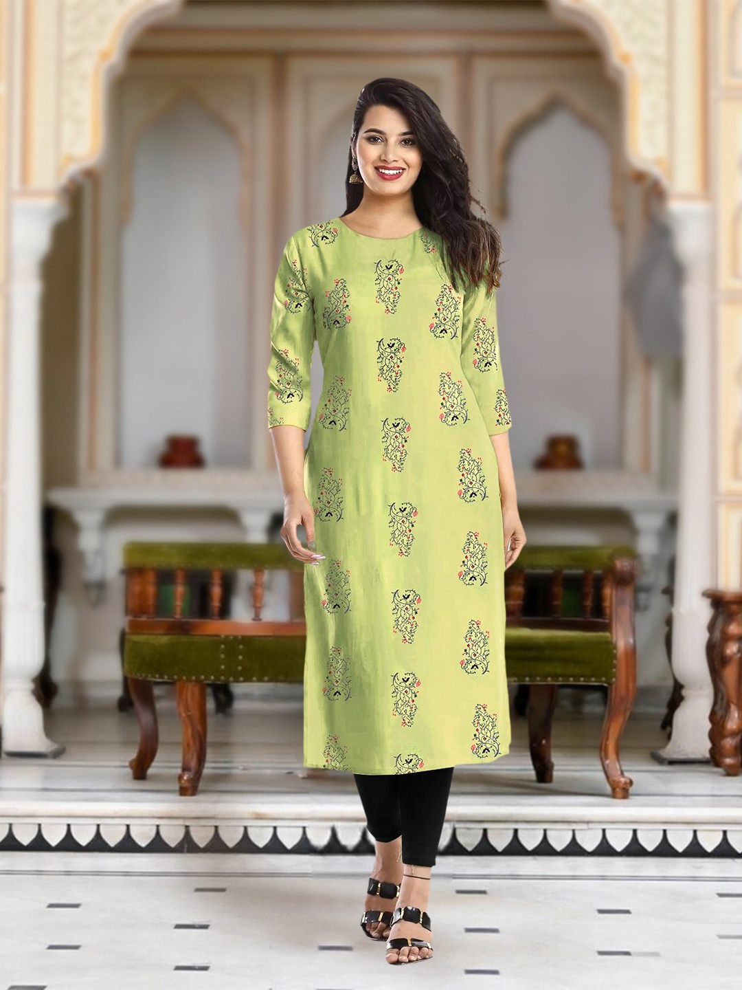 

Moda Rapido Floral Printed Round Neck Straight Kurta, Green