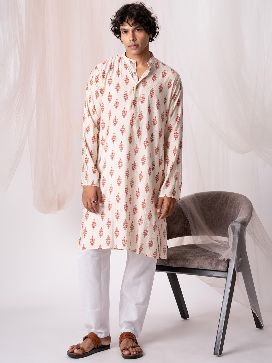 

5 Stitch Men Floral Printed Kurta, White