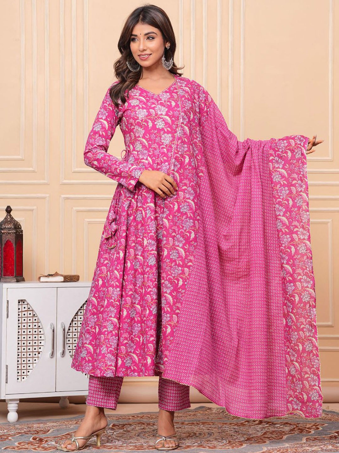 

Meena Bazaar Floral Printed Anarkali Kurta With Trouser And Dupatta, Pink