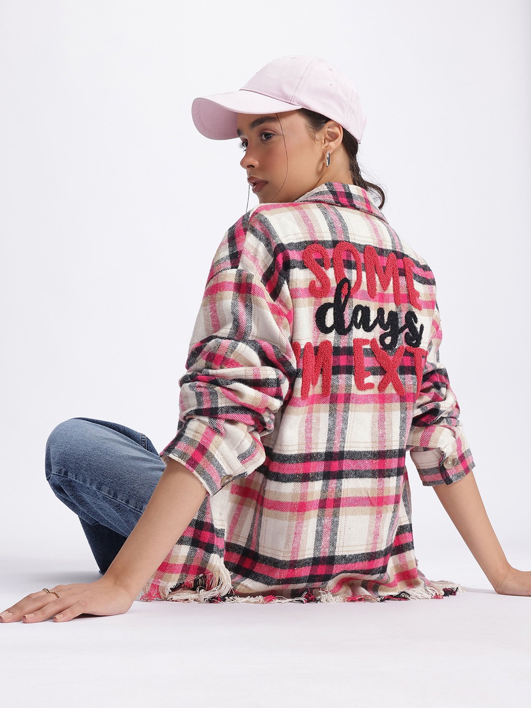 

glitchez Utility Weave Tartan Checked Applique Back Frayed Hem Flannel Oversized Shirt, Off white