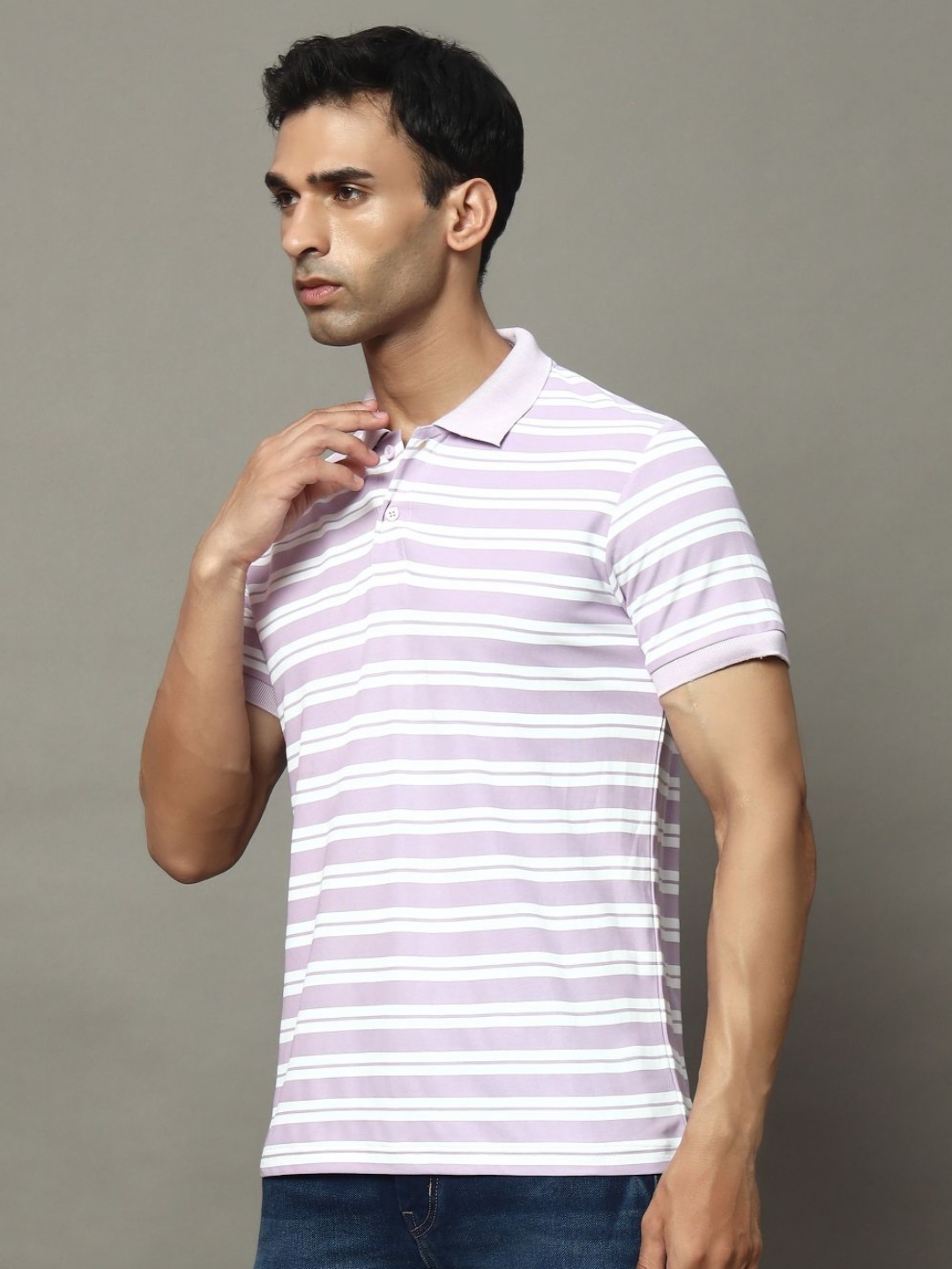 

OGEN Men Striped Polo Collar Pockets T-shirt, Lavender