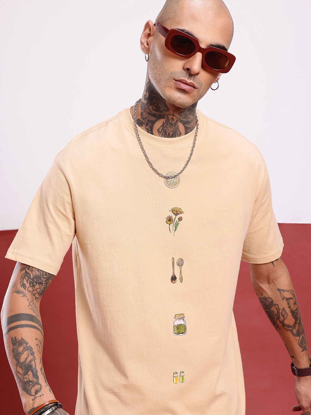 

glitchez City Essential Oversized Printed T-shirt, Beige