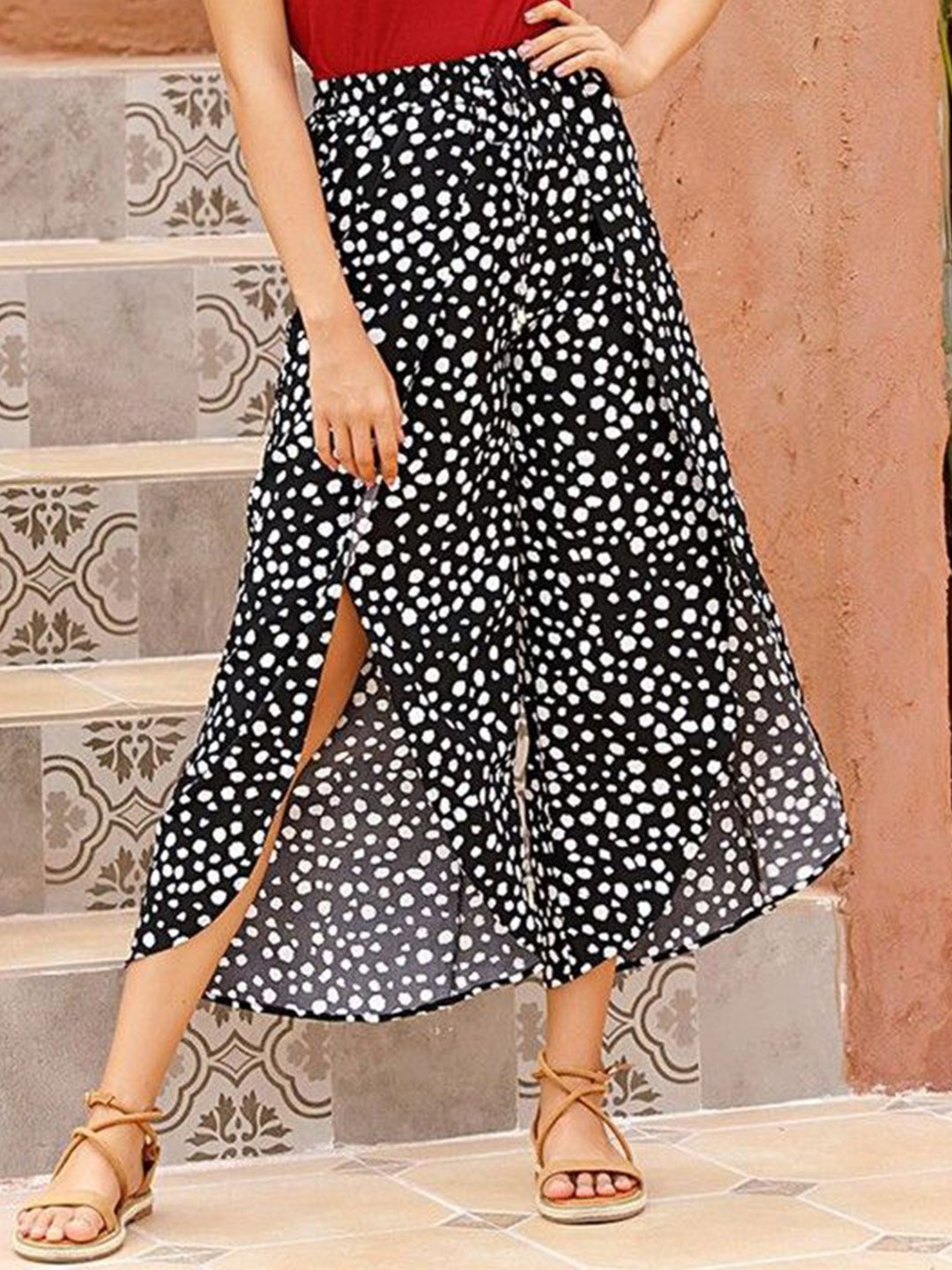 

HERE&NOW Women Polka Dot Printed Trousers, Black