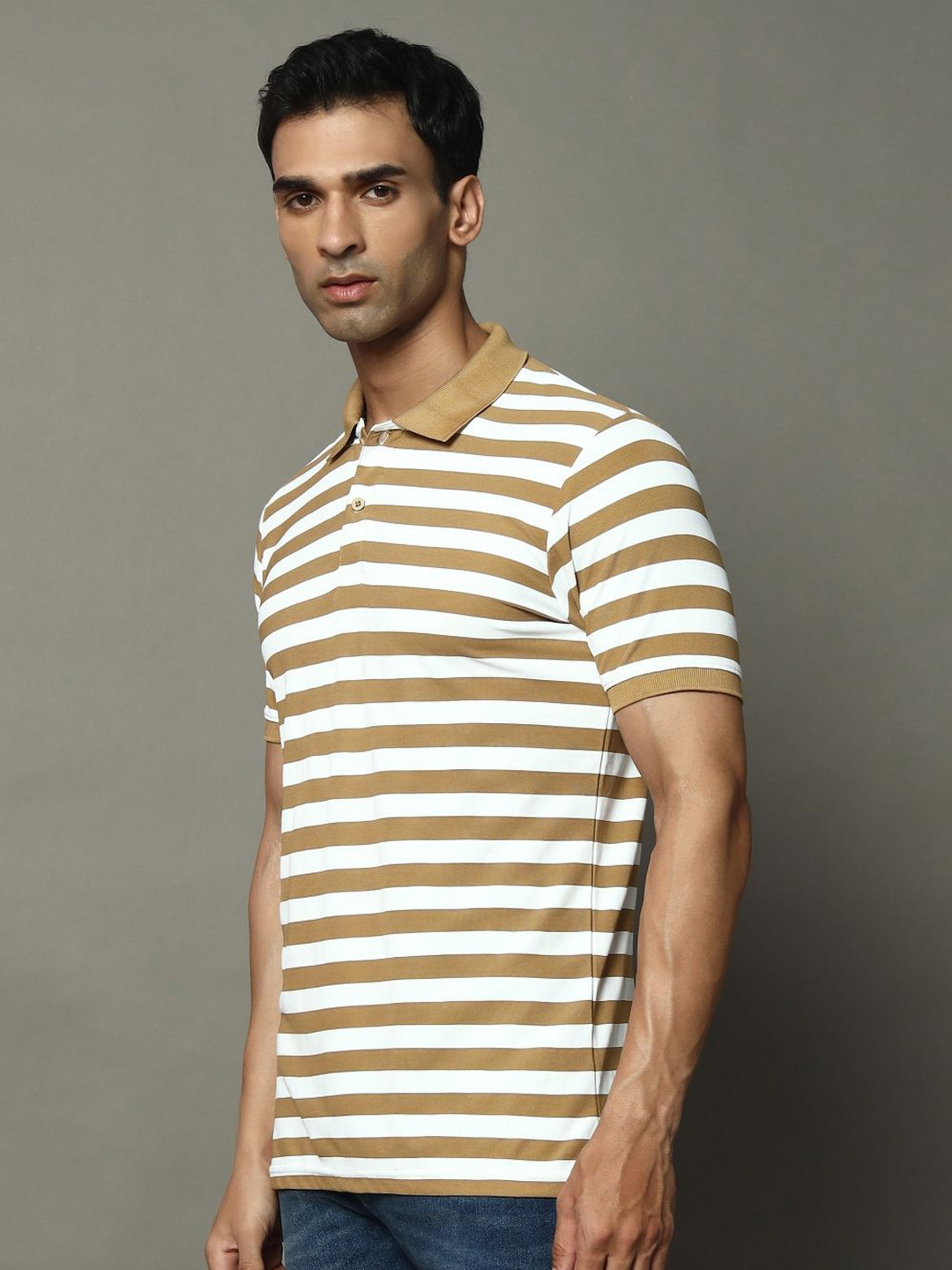 

OGEN Men Striped Polo Collar Pockets T-shirt, Mustard