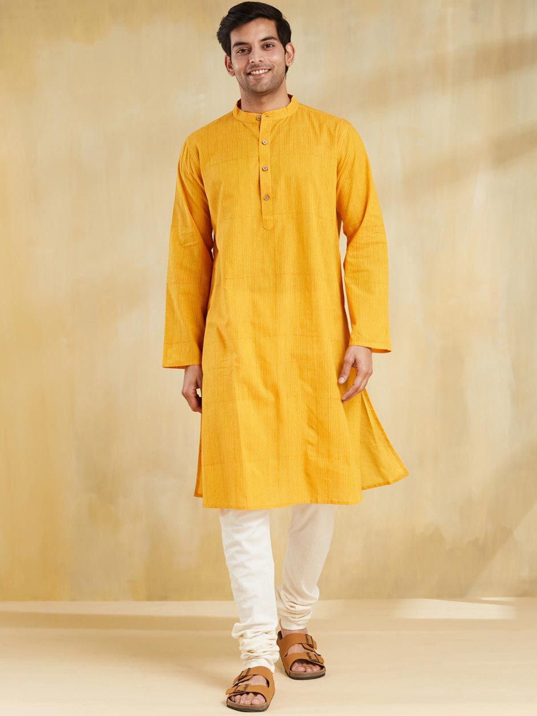 

Fabindia Striped Pure Cotton Mandarin Collar Straight Kurta, Yellow