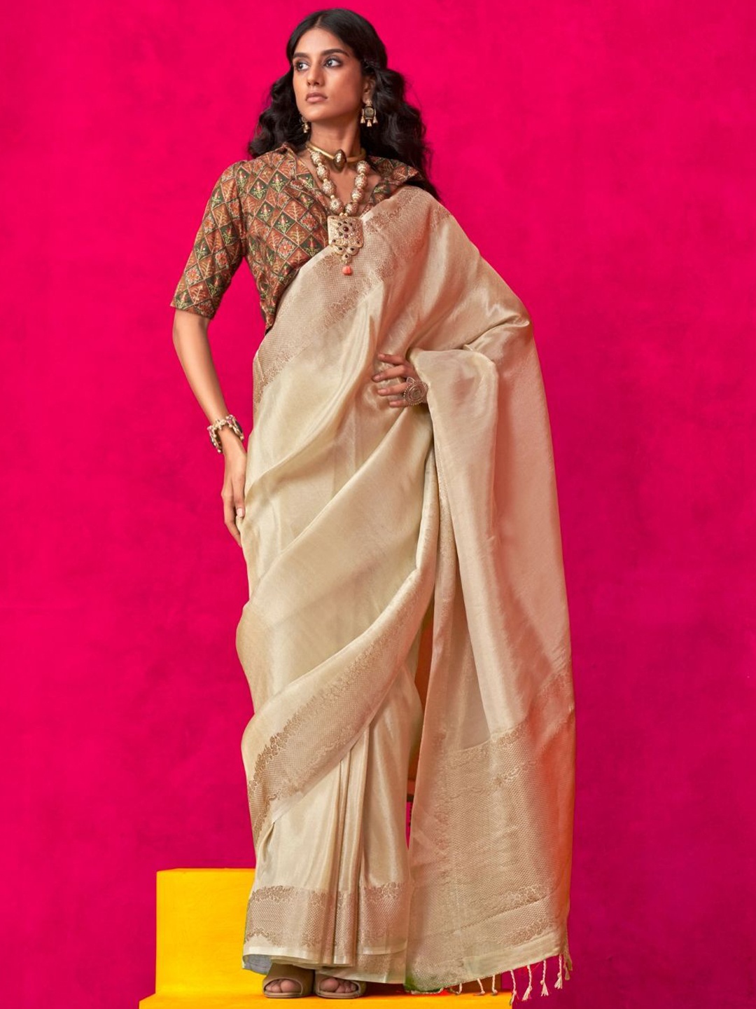 

DEVATITHI Beige Pure Zari Tissue Handloom Silk Saree