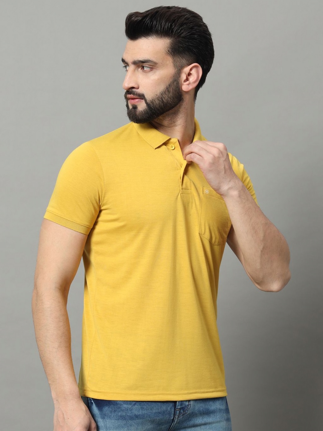 

OGEN Men Polo Collar Pockets T-shirt, Mustard