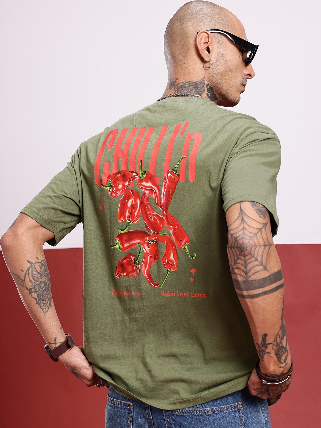 

glitchez Urban High-End Printed Oversized T-shirt, Olive