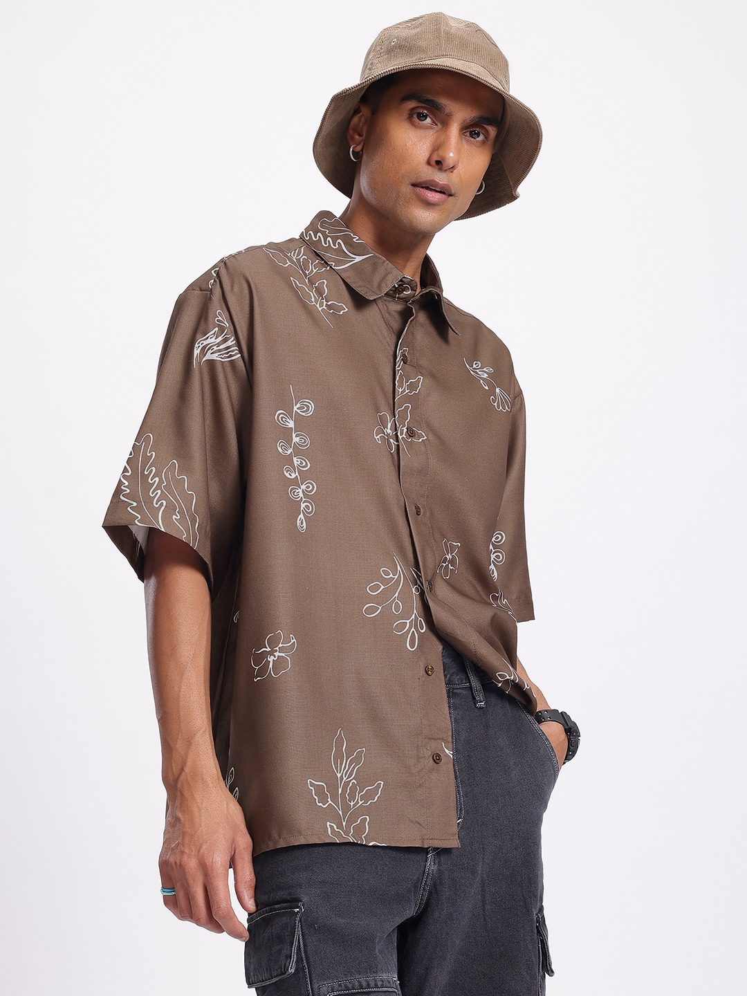 

Kook N Keech Modern Floral Oversized Drop-Shoulder Shirt, Brown