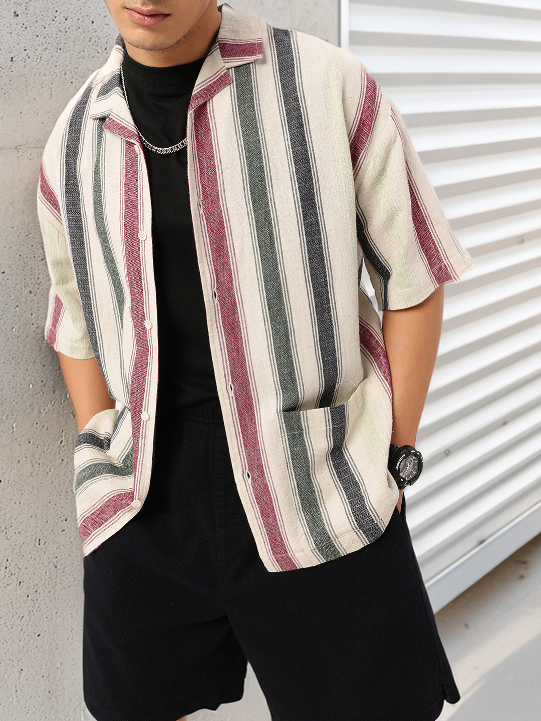 

Playful Resort Touch Striped Cuban Collar Oversized Shirt, Multi
