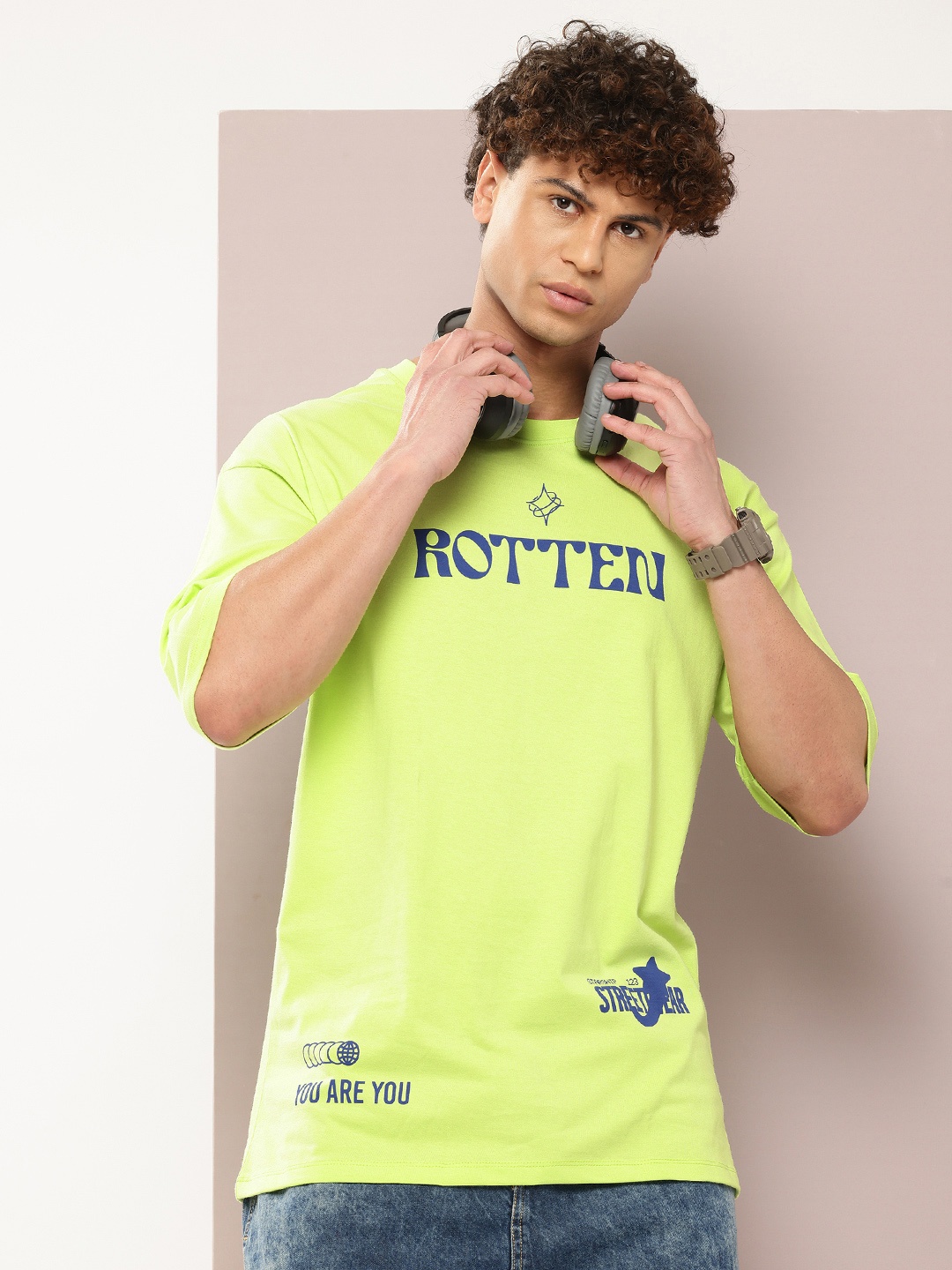 

Kook N Keech Printed Drop-Shoulder Sleeves Oversized Pure Cotton T-shirt, Green