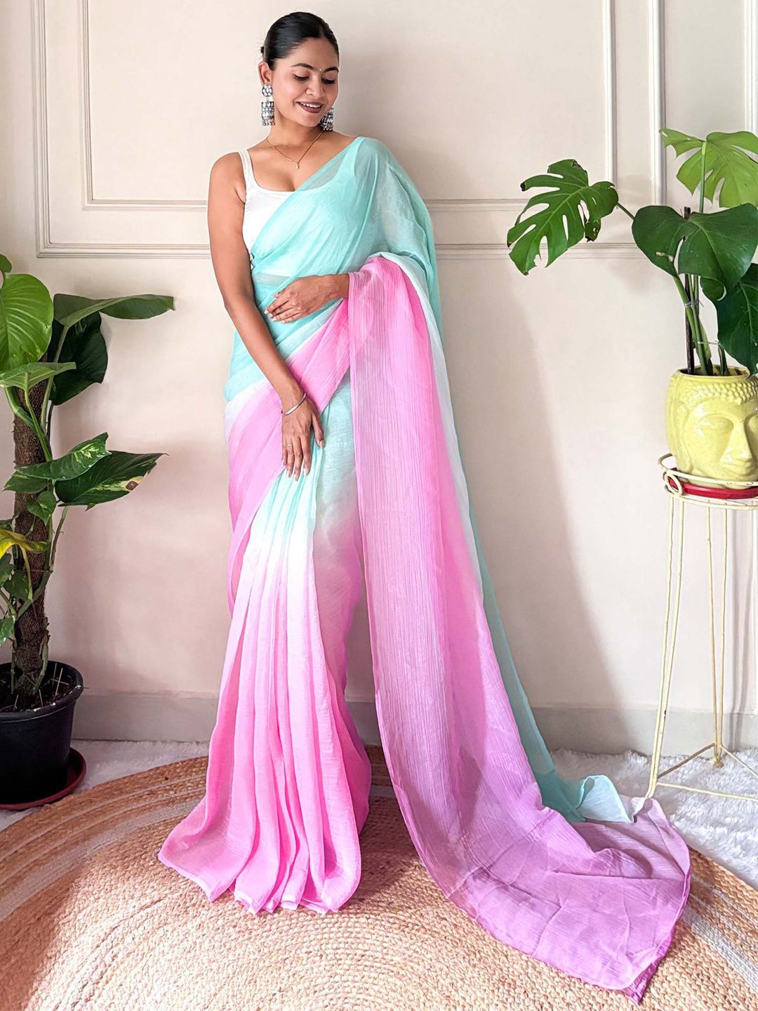 

Saree mall Ombre Pure Chiffon Ready to Wear Sarees, Blue