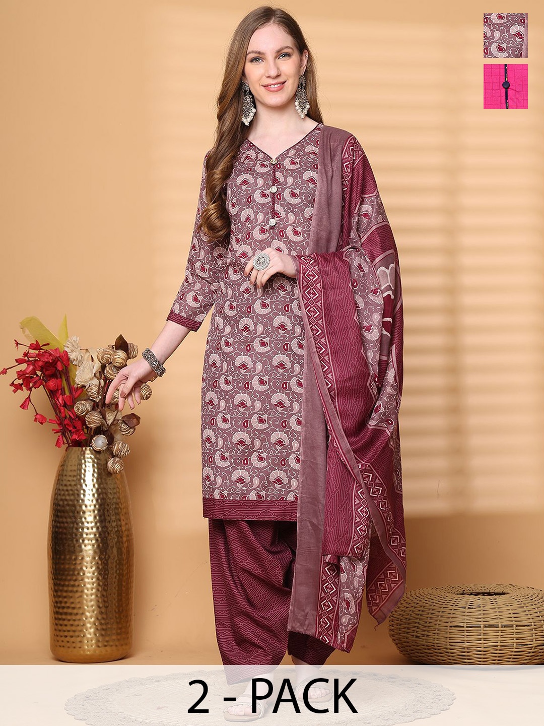 

Rajnandini Selection Of 2 Floral Printed V-Neck Straight Kurtas With Salwars & Dupattas, Mauve