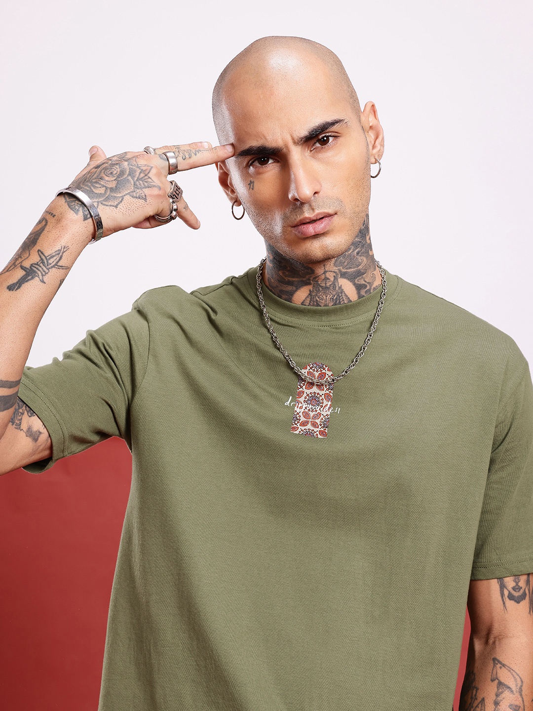 

glitchez City Minimal Core Printed Oversized T-shirt, Olive