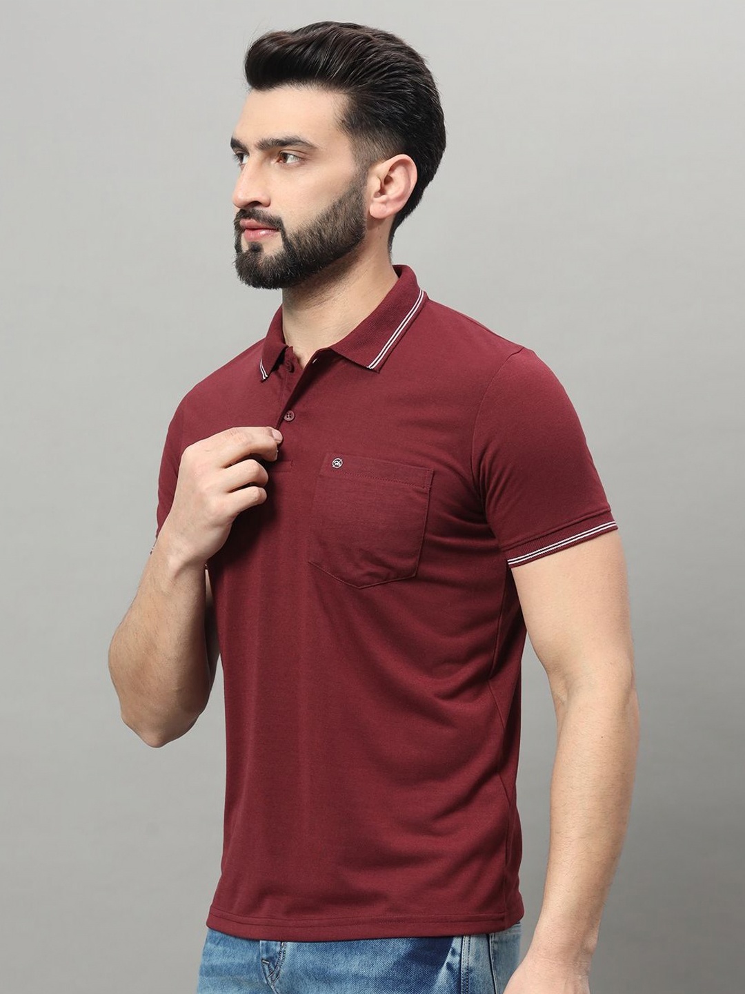 

OGEN Men Polo Collar Pockets T-shirt, Maroon