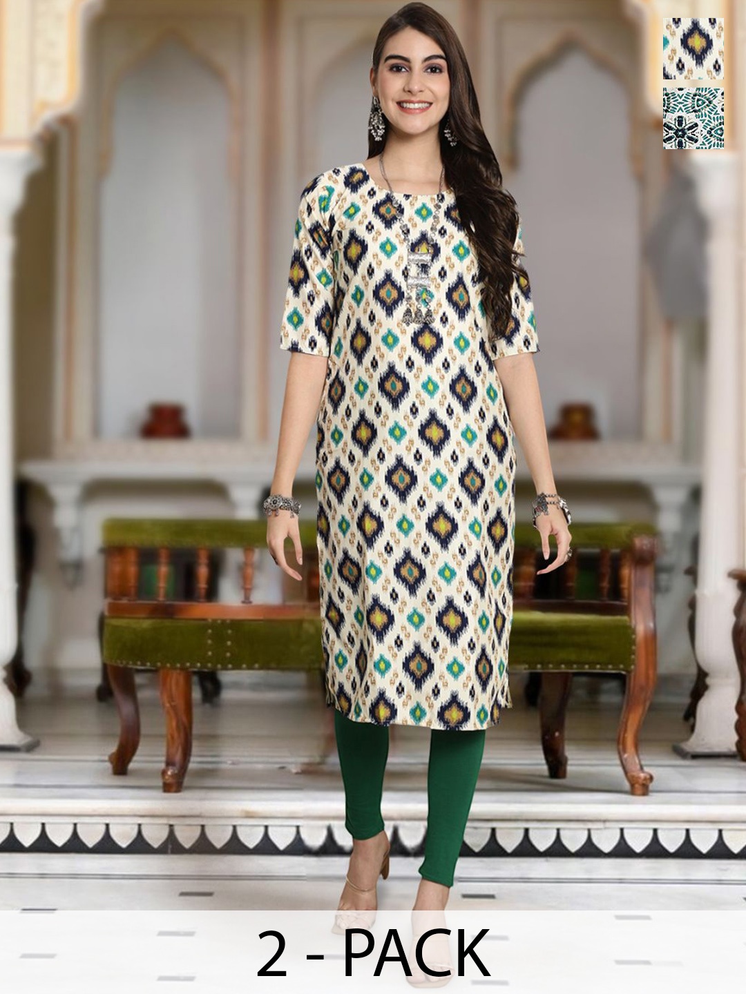 

Moda Rapido Selection Of 2 Geometric Printed Round Neck Straight Kurta, Cream