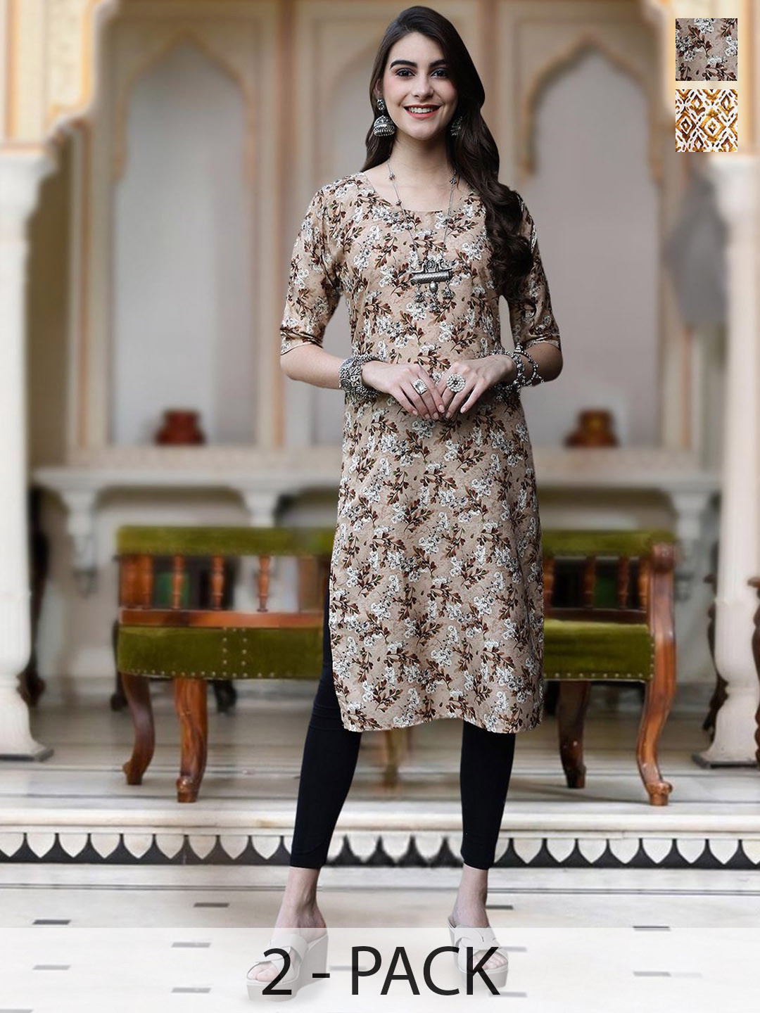

Moda Rapido Selection Of 2 Floral Printed Round Neck Straight Kurta, Brown