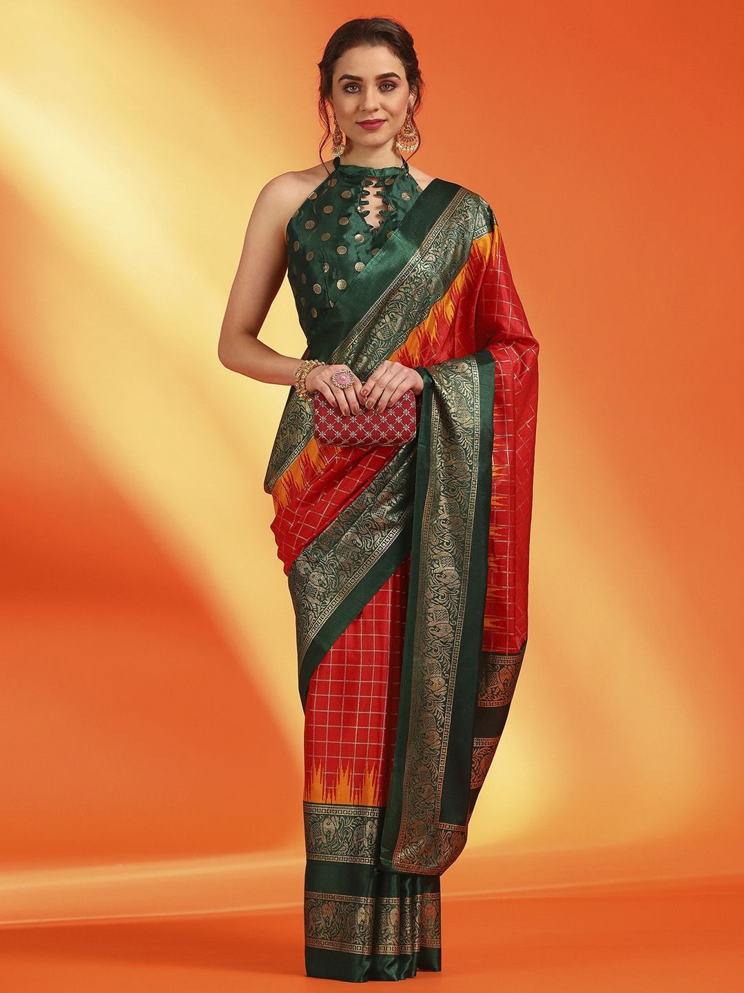 

Mitera Checked Zari Silk Blend Pochampally Saree, Red