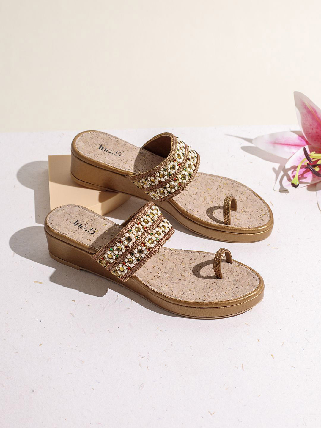 

Inc 5 Embellished Ethnic Wedge Sandals, Gold