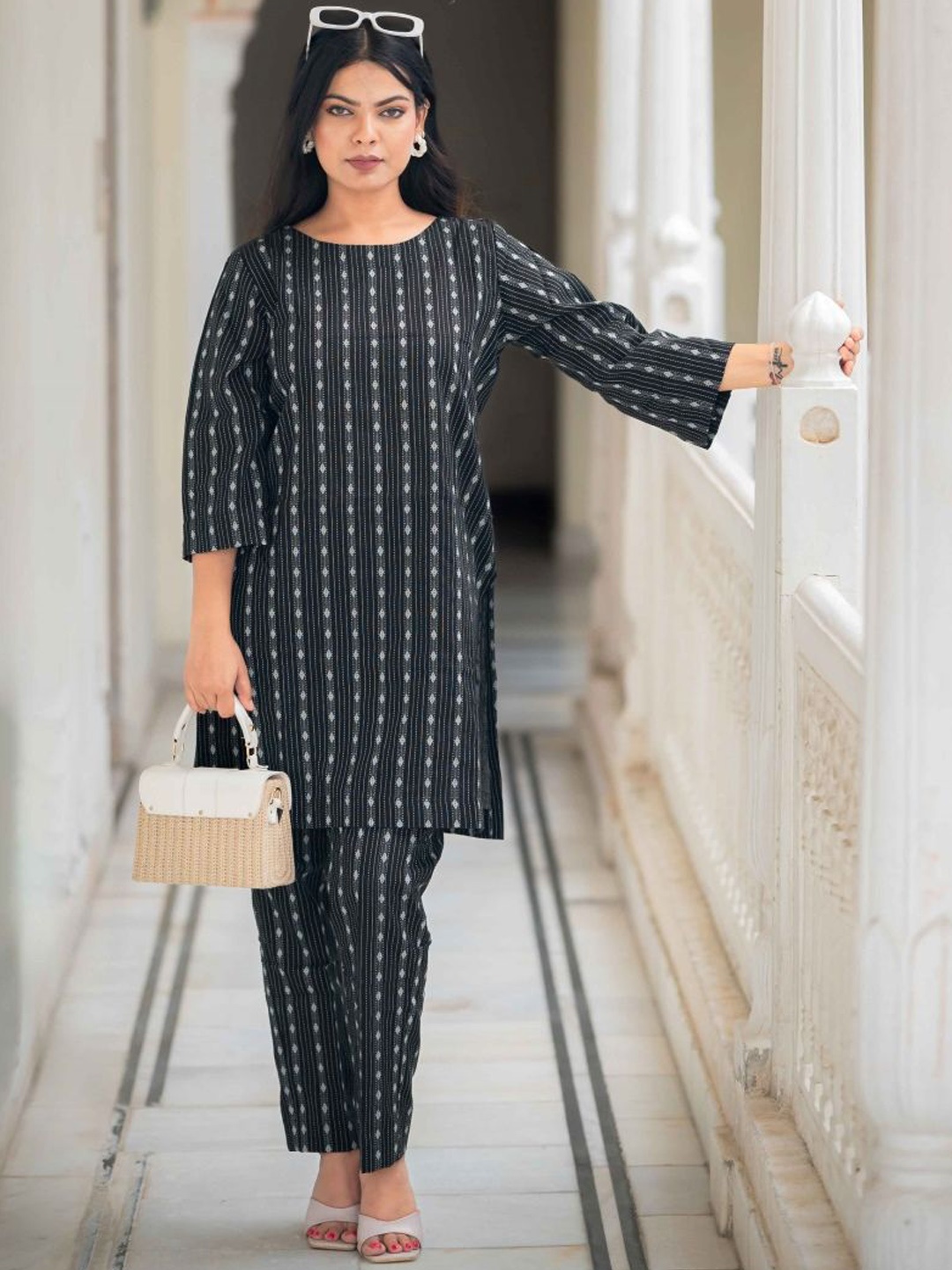 

JYONA Printed Pure Cotton Tunic With Trouser Co-Ords, Black