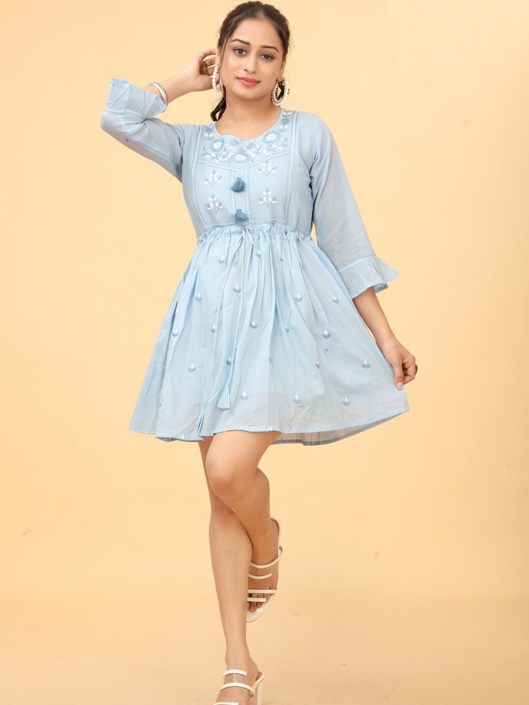 

Kesudi Embroidered Cotton Fit & Flared Dress, Blue