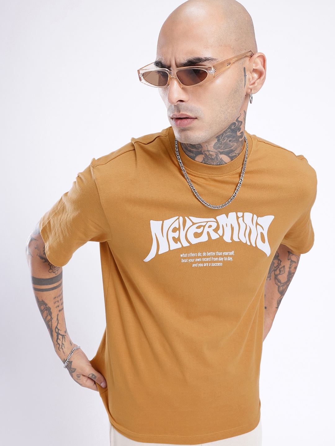 

glitchez Street Smart Typography Printed Relaxed Fit T-shirt, Camel brown