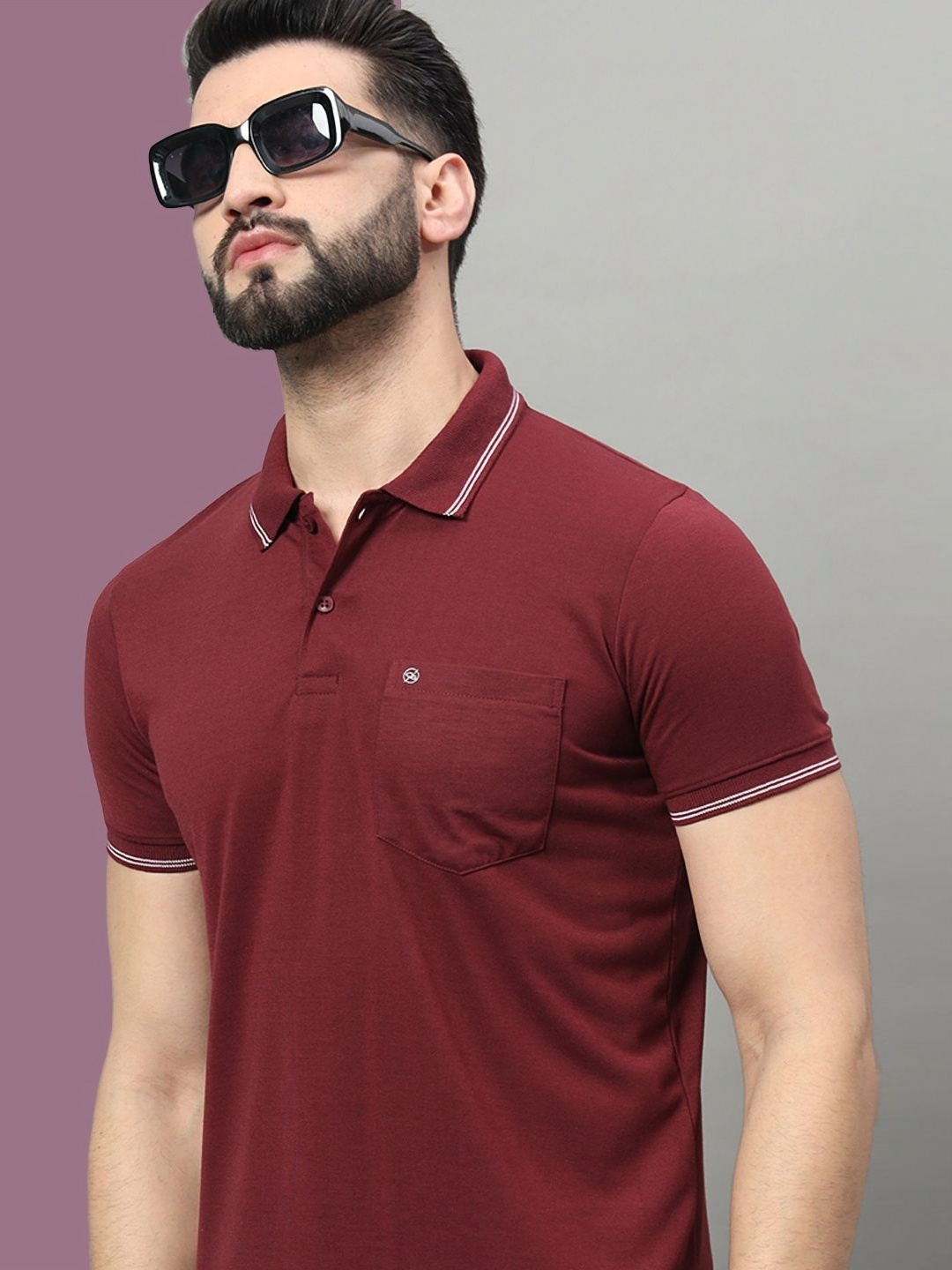 

OGEN Men Polo Collar Pockets T-shirt, Maroon