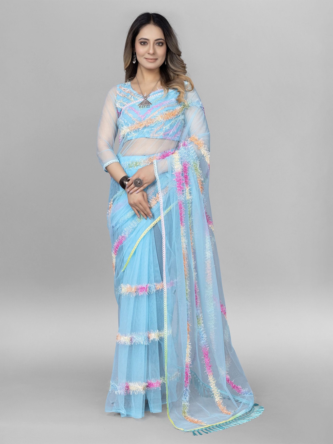 

LADY SHOPI Striped Embroidered Net Saree, Turquoise blue