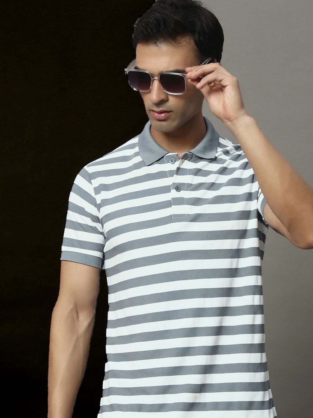 

OGEN Men Striped Polo Collar Pockets T-shirt, Grey