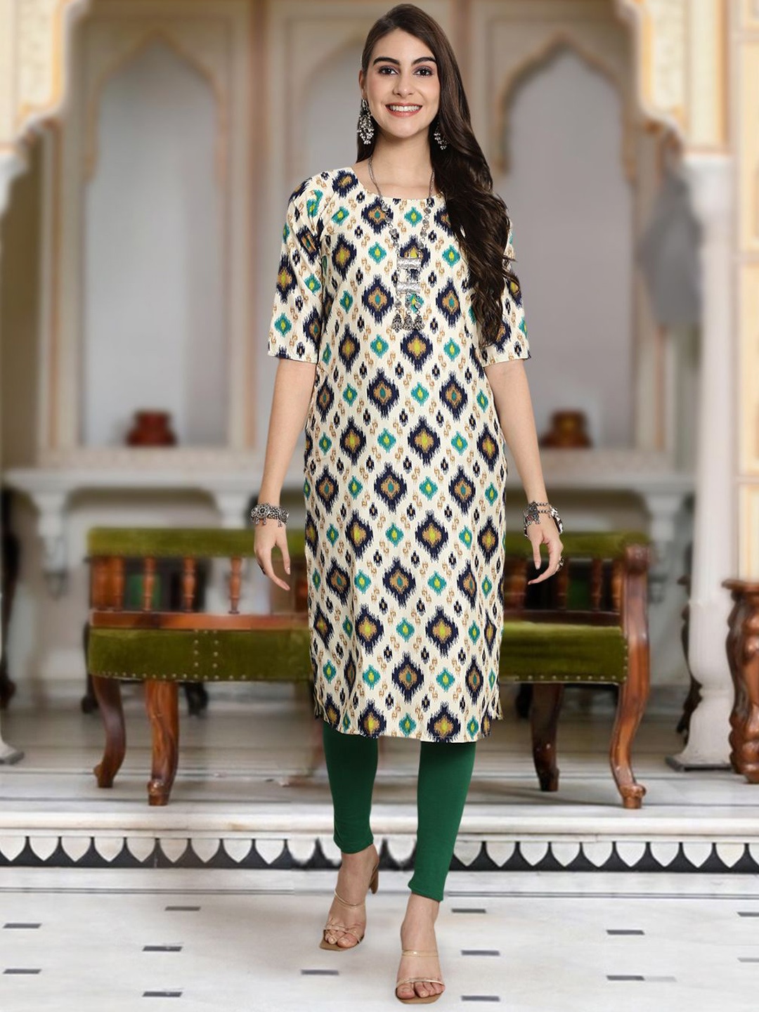 

Moda Rapido Geometric Printed Round Neck Straight Kurta, Cream
