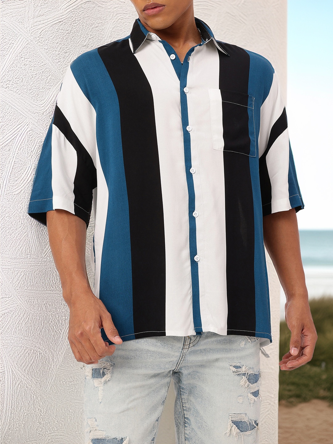 

Kook N Keech Vacanza Ultramarine Striped Oversized Fit Shirts, Blue