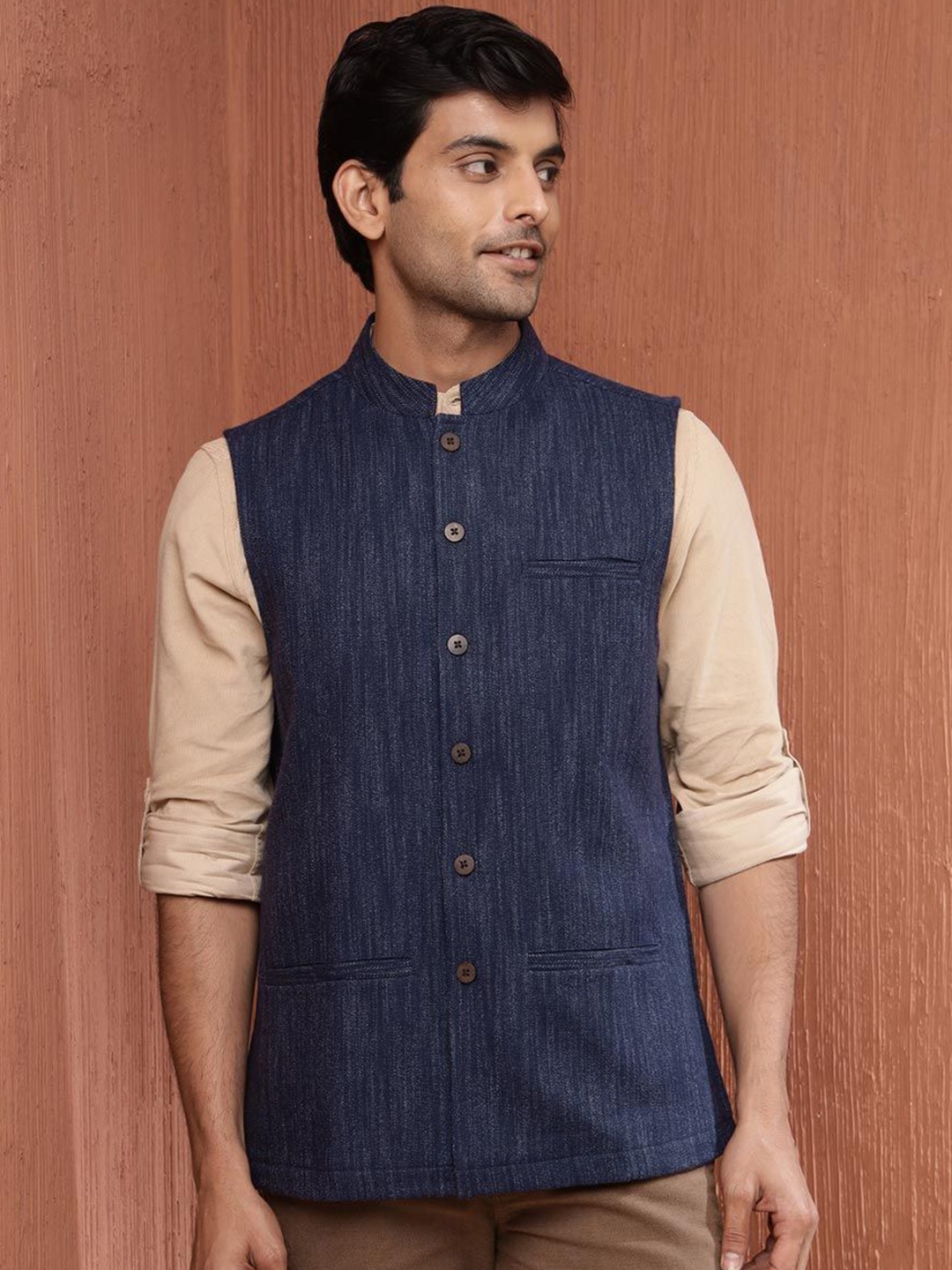 

Fabindia Woven Design Nehru Jacket, Blue