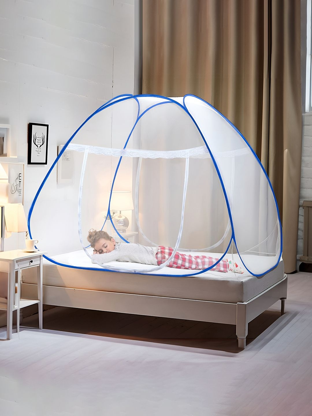 

Kuber Industries Blue & White King Size Tent Mosquito Net