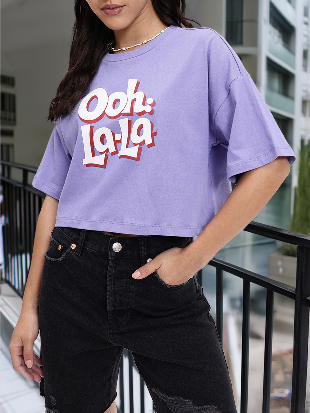 

DressBerry Feeling Purple Ooh La-La Printed Pure Cotton Boxy Crop T-shirt