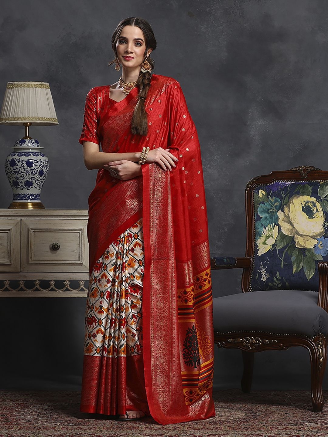 

Mitera Ethnic Motifs Zari Silk Blend Ikat Saree, Red