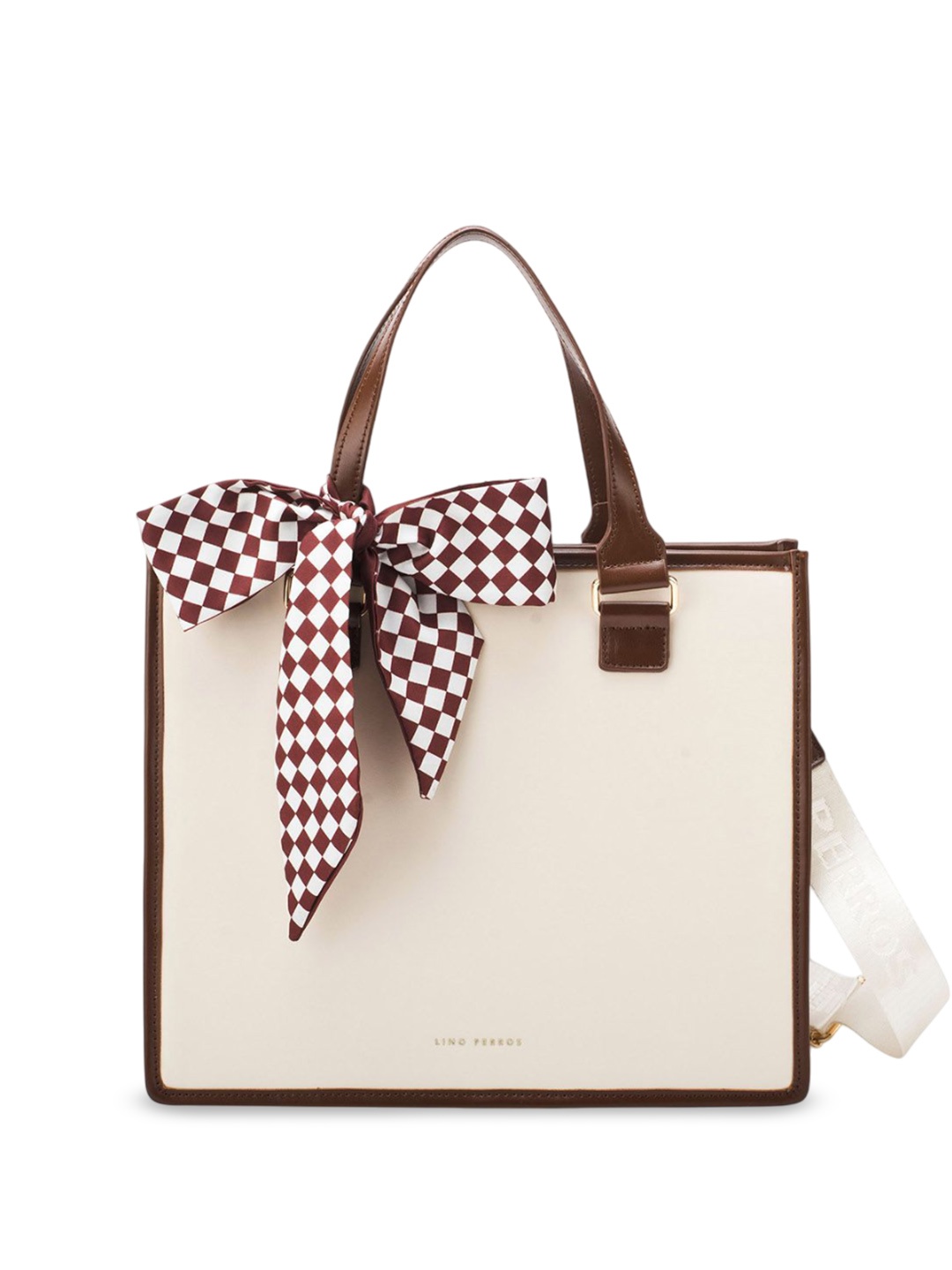 

Lino Perros Checked Structured Tote Bag with Cut Work, Off white