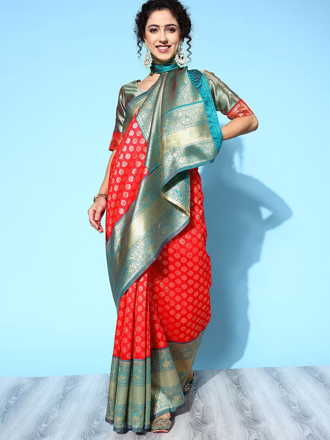 

Anouk Rustic Woven Design Zari Silk Blend Dharmavaram Saree, Red