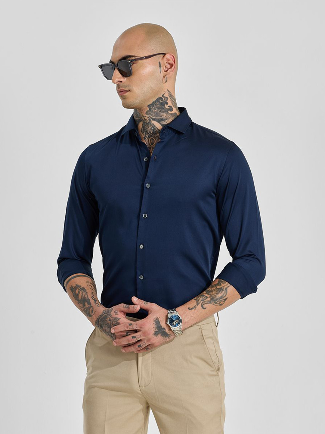 

Snitch Men Classic Slim Fit Opaque Formal Shirt, Navy blue