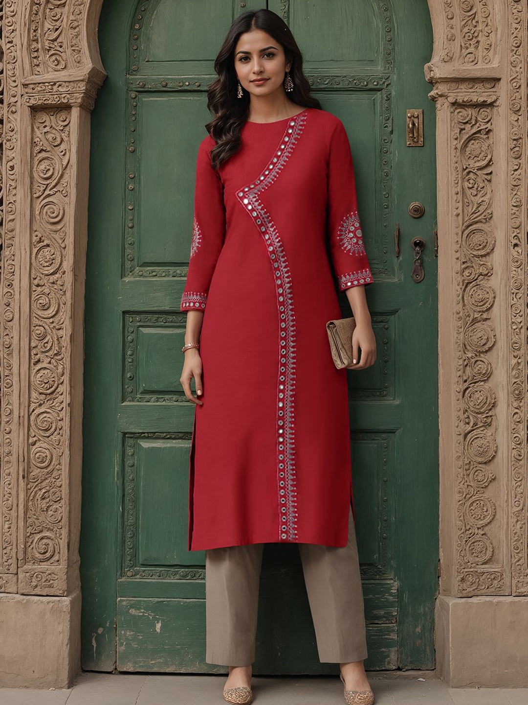 

OKHAI Ethnic Motifs Embroidered Mirror Work Cotton Straight Kurta, Red