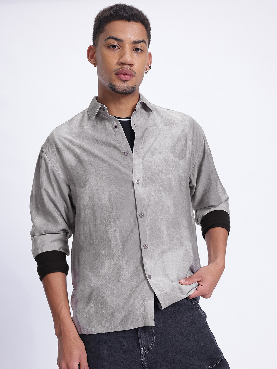 

glitchez Faded Style Drop-Shoulder Sleeves Oversized Shirt, Grey