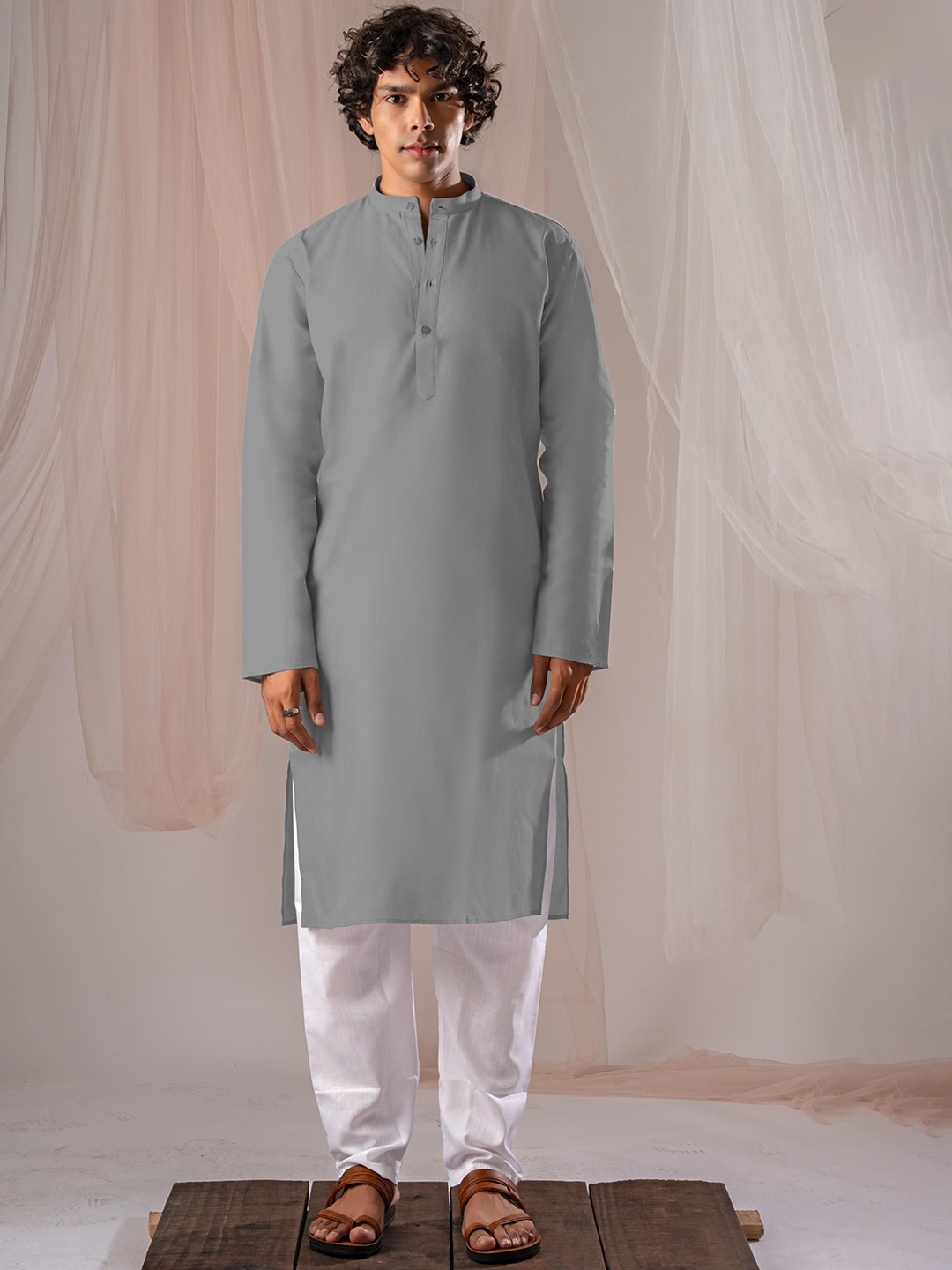 

5 Stitch Mandarin Collar Straight Linen Kurta, Grey