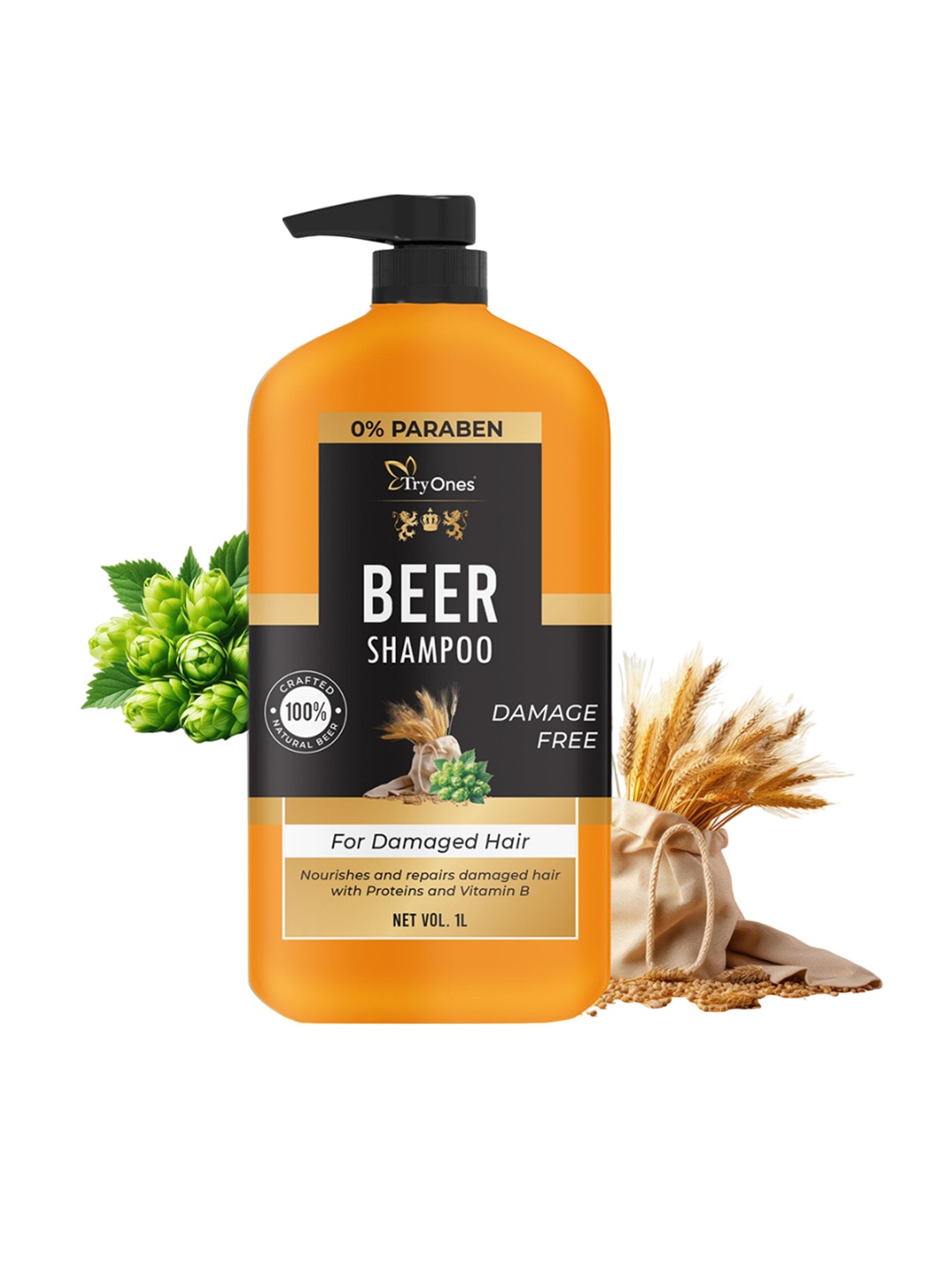 

TRYONES Vitamin B & Protein Damaged Hair Beer Shampoo - 1 L, Orange