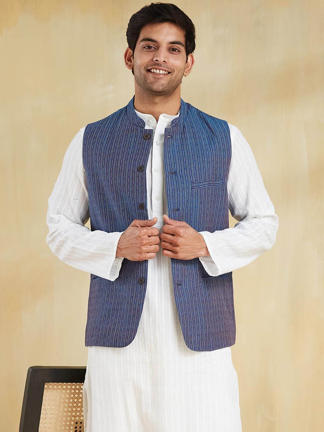 

Fabindia Striped Slim Fit Nehru Jacket, Blue