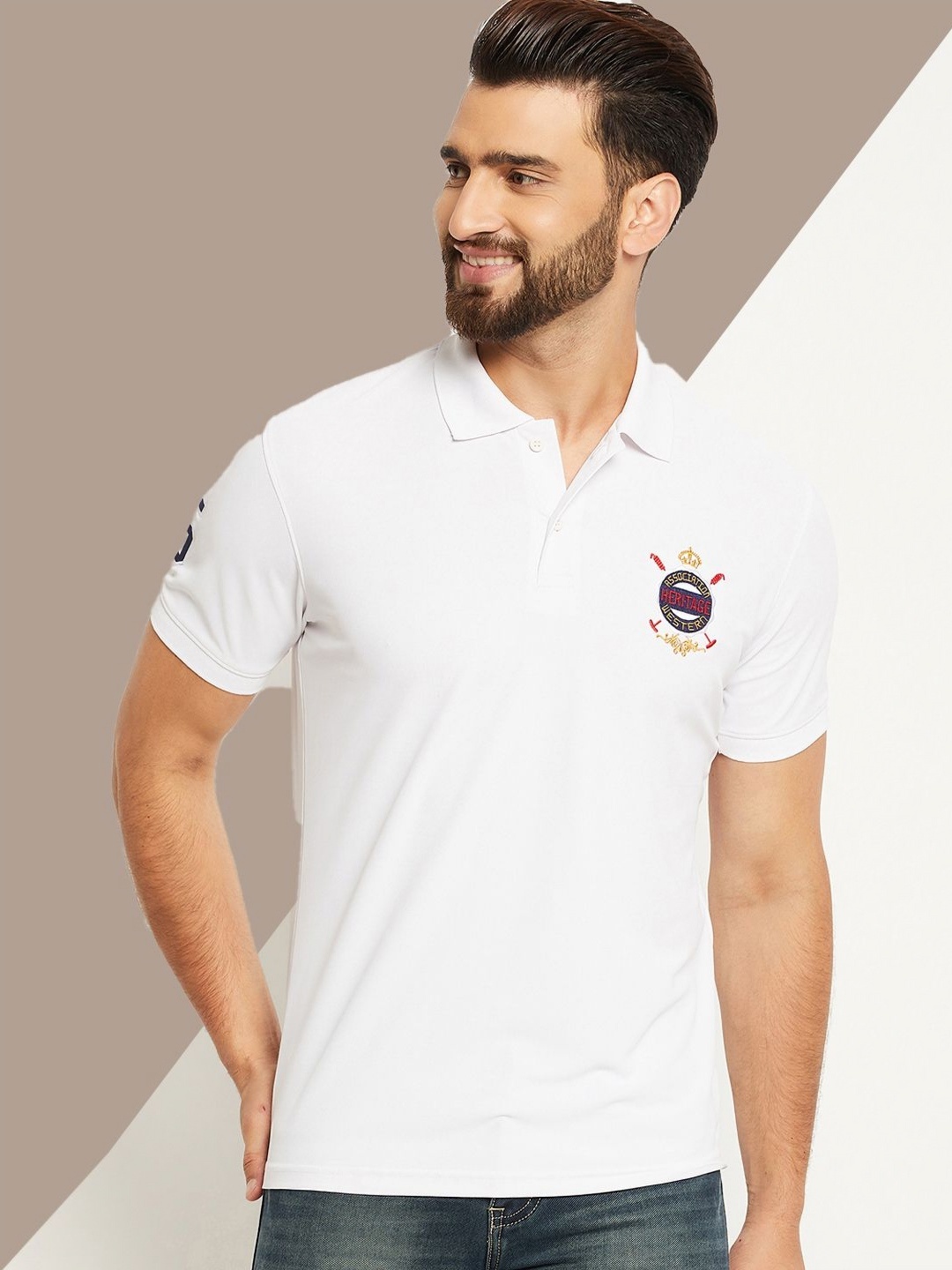 

OGEN Men Polo Collar Applique T-shirt, White